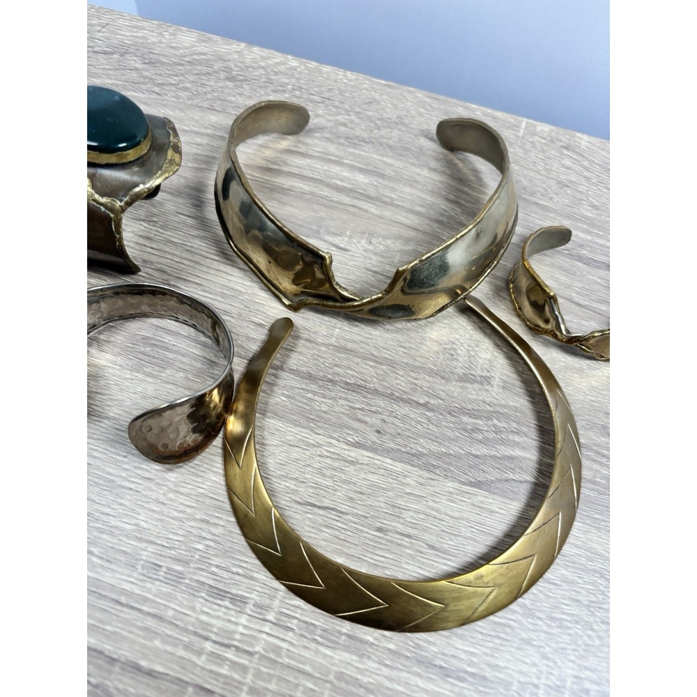 Vtg Brutalist Artisan Jewelry Lot Brass Copper Collar Necklace Stone